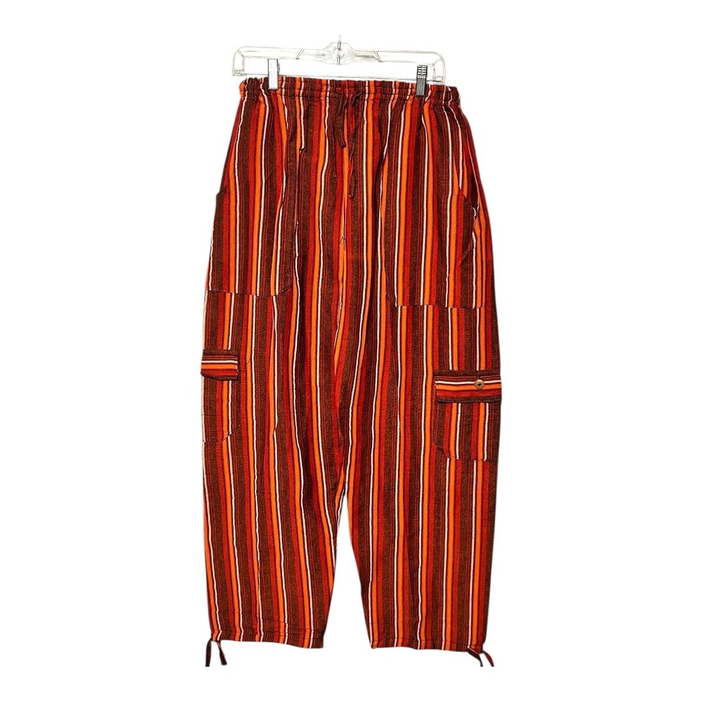 Boho Striped Cargo Pants Wide Leg Elastic Waist Drawstring‎ Patch Pockets Y2K XL